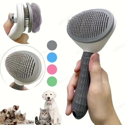 One-Click Self-Cleaning Pet Slicker Brush – Auto Hair Removal Grooming Comb for Dogs & Cats | Fine-Needle, Pink/Blue/Gray