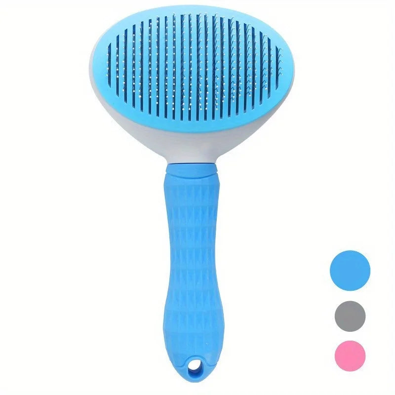 One-Click Self-Cleaning Pet Slicker Brush – Auto Hair Removal Grooming Comb for Dogs & Cats | Fine-Needle, Pink/Blue/Gray