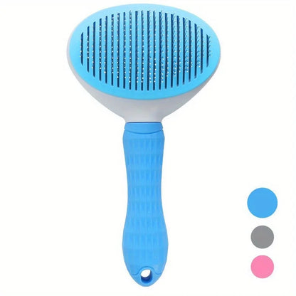One-Click Self-Cleaning Pet Slicker Brush – Auto Hair Removal Grooming Comb for Dogs & Cats | Fine-Needle, Pink/Blue/Gray