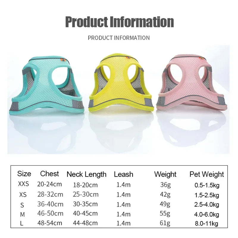Reflective Breathable Dog & Cat Harness Vest – No-Pull, Adjustable Mesh | XS–L, 3 Colors (Yellow, Pink, Blue)