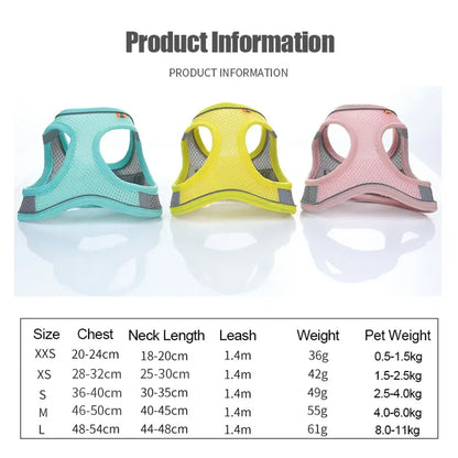 Reflective Breathable Dog & Cat Harness Vest – No-Pull, Adjustable Mesh | XS–L, 3 Colors (Yellow, Pink, Blue)