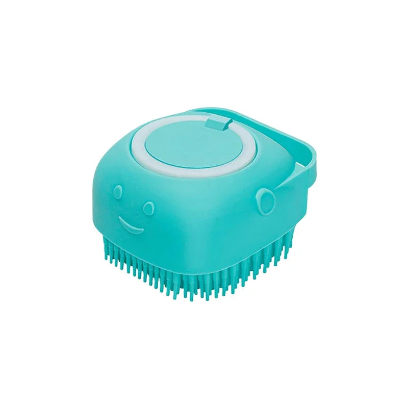 Brosse de bain pour animaux de compagnie avec distributeur de shampooing – Masseur doux en silicone pour chiens et chats | 7,5 × 7 × 5 cm, bleu/rose/jaune
