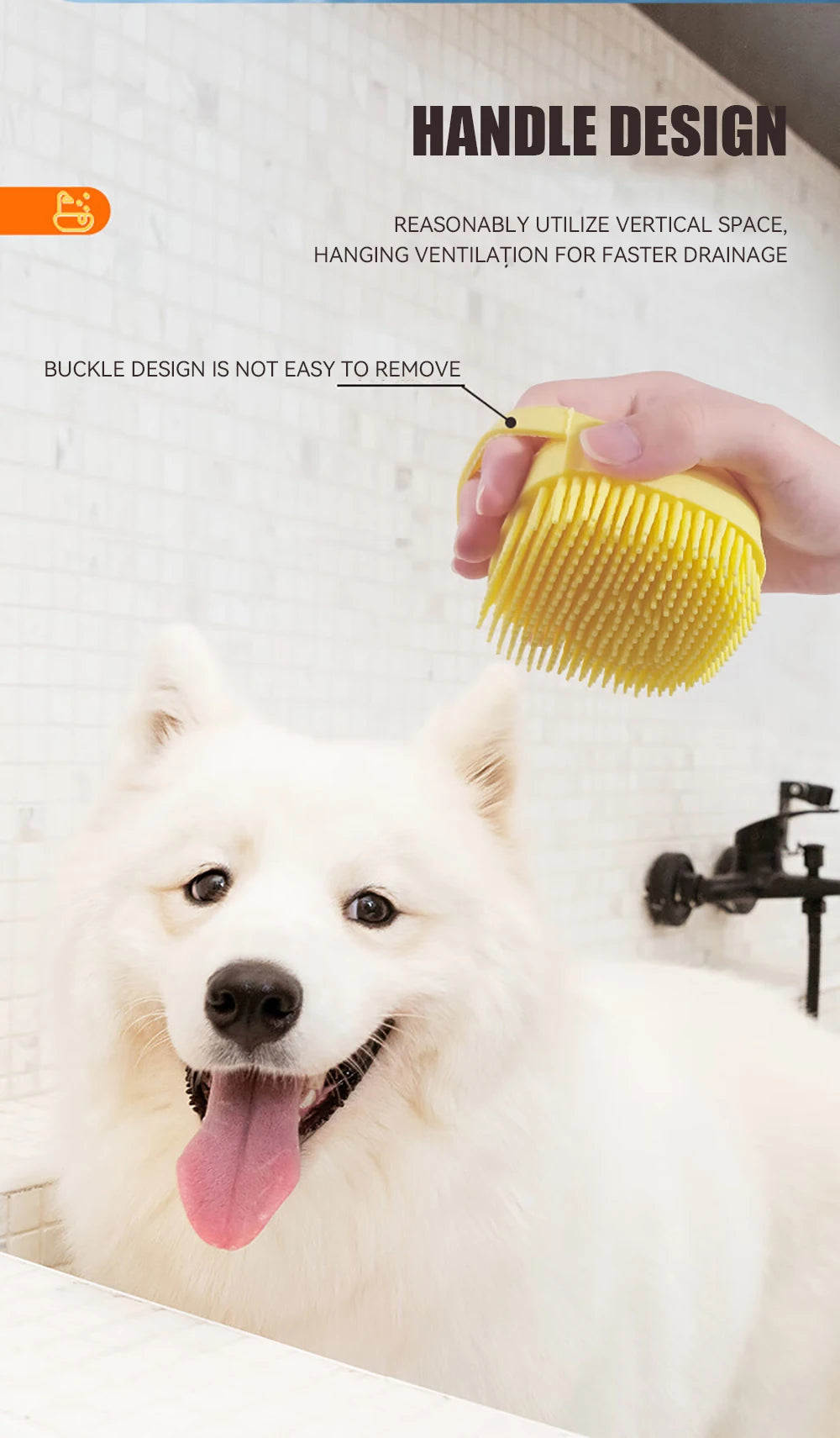 Brosse de bain pour animaux de compagnie avec distributeur de shampooing – Masseur doux en silicone pour chiens et chats | 7,5 × 7 × 5 cm, bleu/rose/jaune