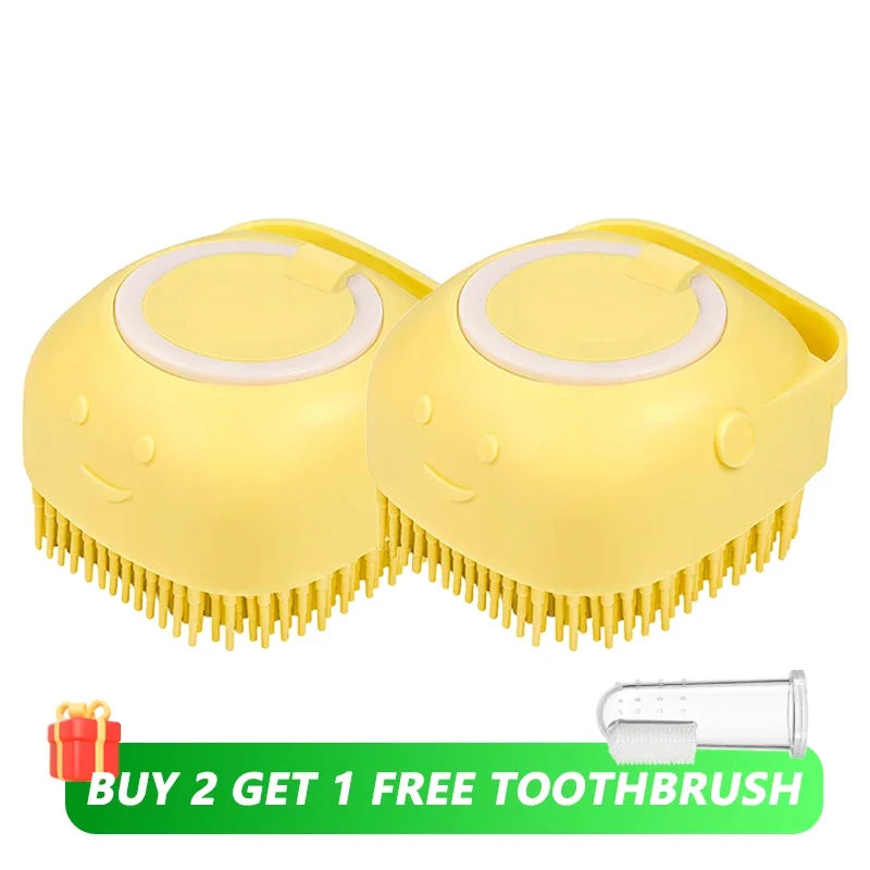 Brosse de bain pour animaux de compagnie avec distributeur de shampooing – Masseur doux en silicone pour chiens et chats | 7,5 × 7 × 5 cm, bleu/rose/jaune