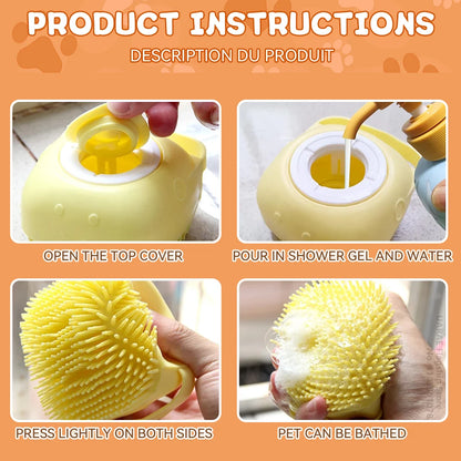 Brosse de bain pour animaux de compagnie avec distributeur de shampooing – Masseur doux en silicone pour chiens et chats | 7,5 × 7 × 5 cm, bleu/rose/jaune