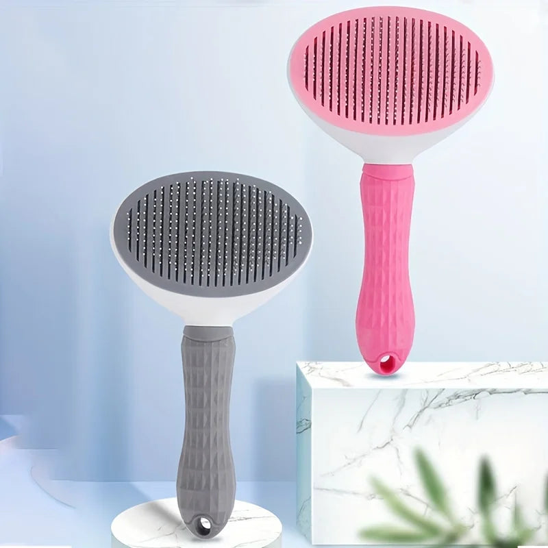 One-Click Self-Cleaning Pet Slicker Brush – Auto Hair Removal Grooming Comb for Dogs & Cats | Fine-Needle, Pink/Blue/Gray