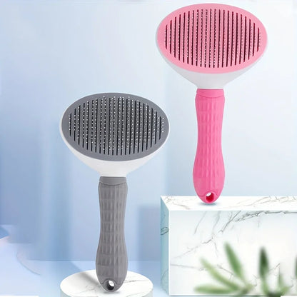 One-Click Self-Cleaning Pet Slicker Brush – Auto Hair Removal Grooming Comb for Dogs & Cats | Fine-Needle, Pink/Blue/Gray