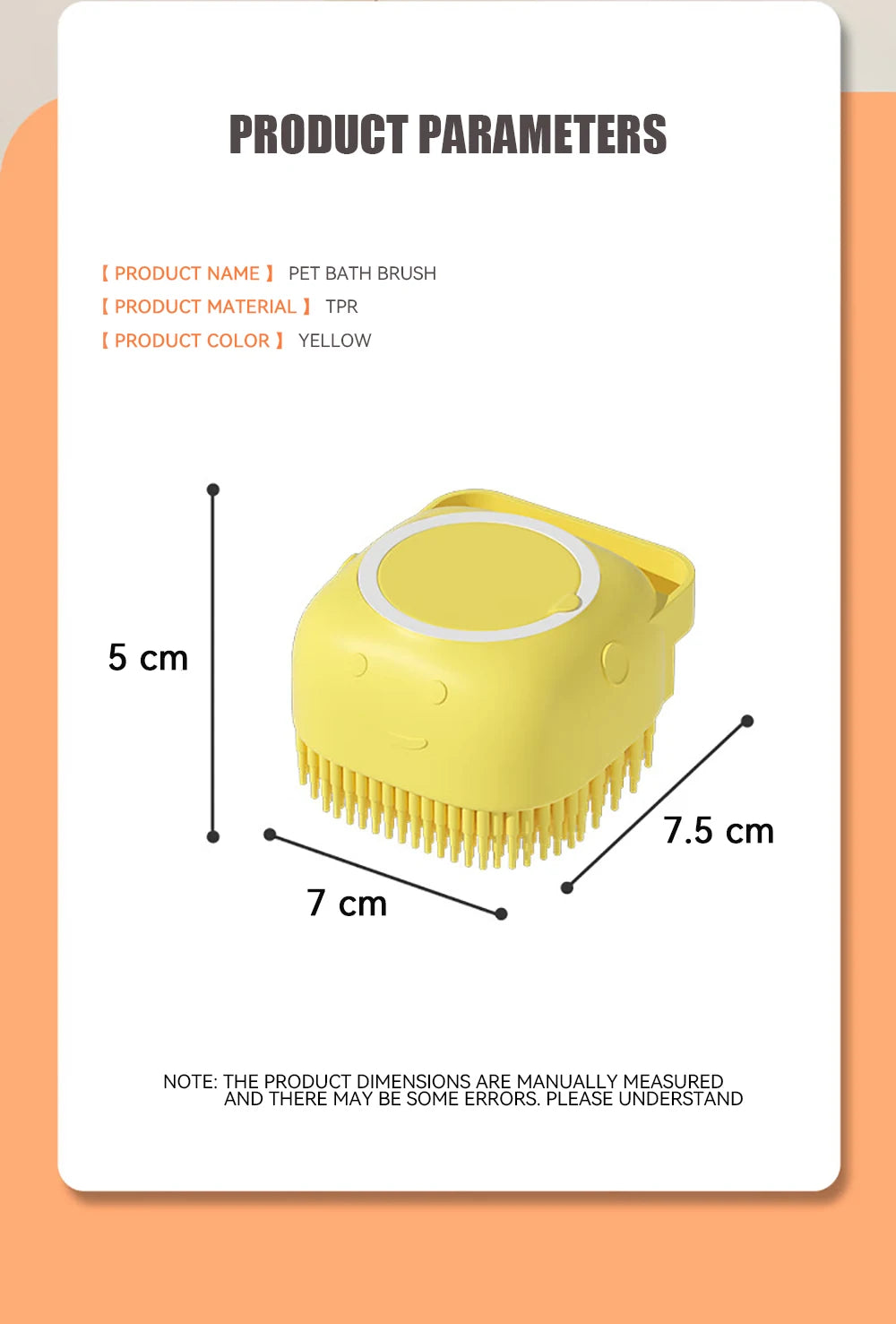 Brosse de bain pour animaux de compagnie avec distributeur de shampooing – Masseur doux en silicone pour chiens et chats | 7,5 × 7 × 5 cm, bleu/rose/jaune