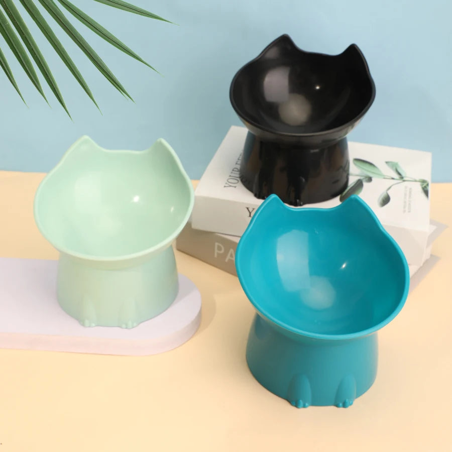 Elevated Cat Bowl – Anti-Tip Tilted Raised Feeding Dish with Neck Protection | Plastic, 5 Colors (Black/Pink/Green/Gray/Blue)