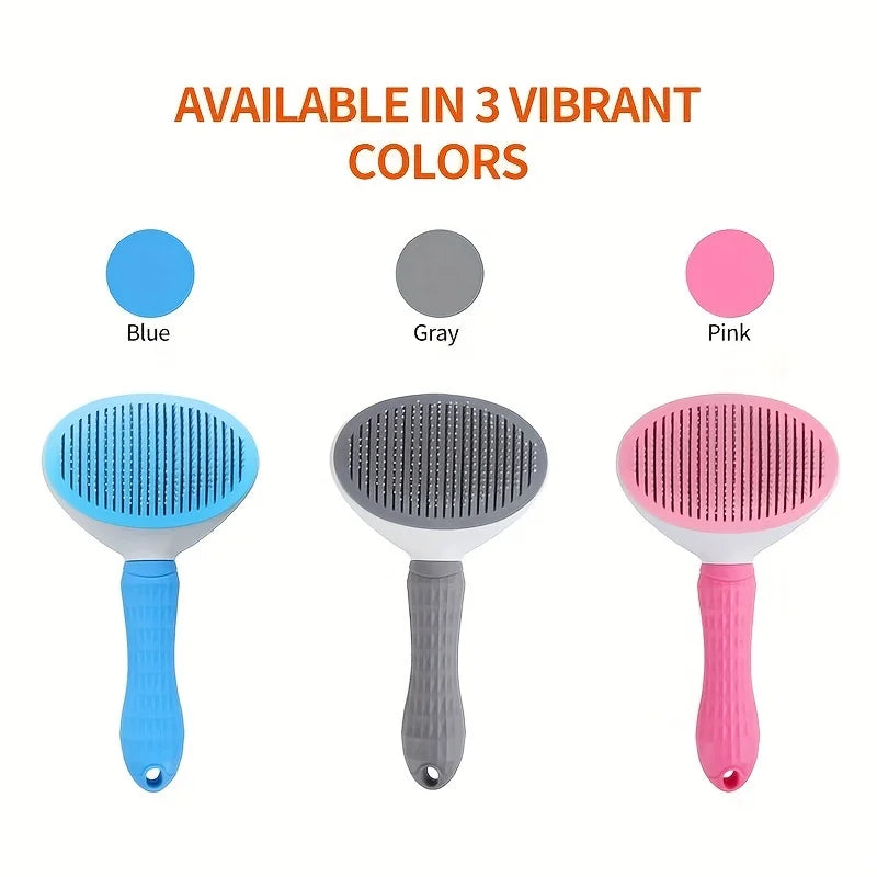 One-Click Self-Cleaning Pet Slicker Brush – Auto Hair Removal Grooming Comb for Dogs & Cats | Fine-Needle, Pink/Blue/Gray