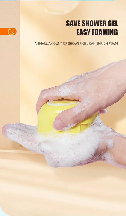 Brosse de bain pour animaux de compagnie avec distributeur de shampooing – Masseur doux en silicone pour chiens et chats | 7,5 × 7 × 5 cm, bleu/rose/jaune