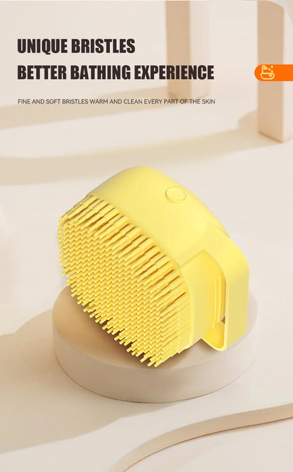 Brosse de bain pour animaux de compagnie avec distributeur de shampooing – Masseur doux en silicone pour chiens et chats | 7,5 × 7 × 5 cm, bleu/rose/jaune