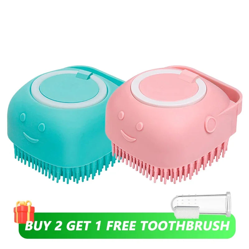 Brosse de bain pour animaux de compagnie avec distributeur de shampooing – Masseur doux en silicone pour chiens et chats | 7,5 × 7 × 5 cm, bleu/rose/jaune