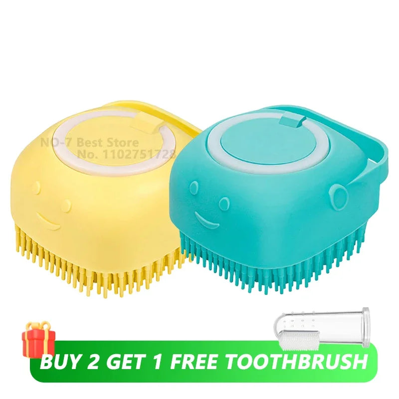Brosse de bain pour animaux de compagnie avec distributeur de shampooing – Masseur doux en silicone pour chiens et chats | 7,5 × 7 × 5 cm, bleu/rose/jaune