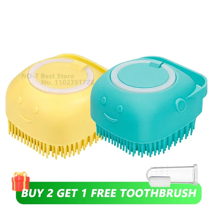 Brosse de bain pour animaux de compagnie avec distributeur de shampooing – Masseur doux en silicone pour chiens et chats | 7,5 × 7 × 5 cm, bleu/rose/jaune