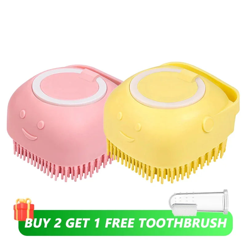 Brosse de bain pour animaux de compagnie avec distributeur de shampooing – Masseur doux en silicone pour chiens et chats | 7,5 × 7 × 5 cm, bleu/rose/jaune