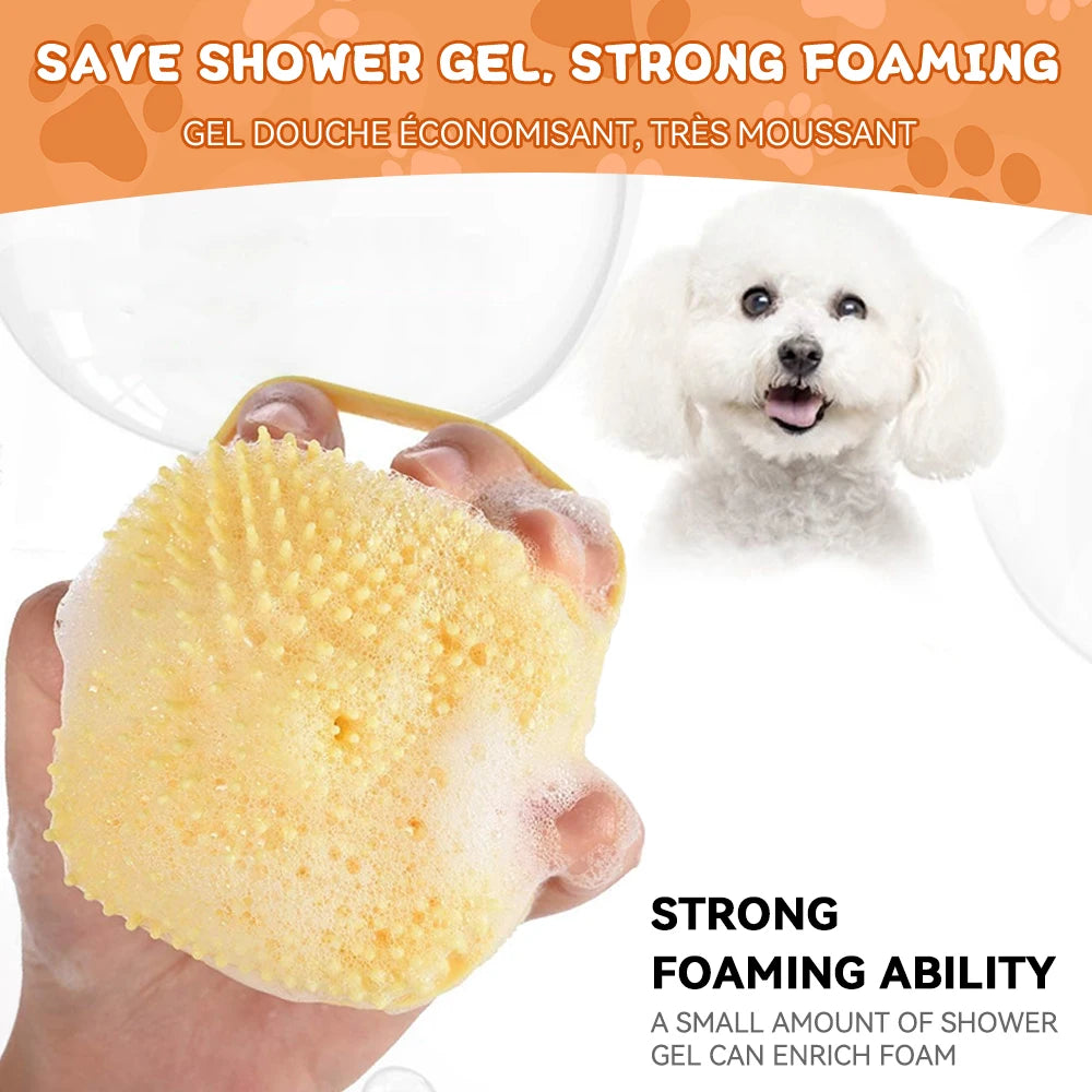 Brosse de bain pour animaux de compagnie avec distributeur de shampooing – Masseur doux en silicone pour chiens et chats | 7,5 × 7 × 5 cm, bleu/rose/jaune