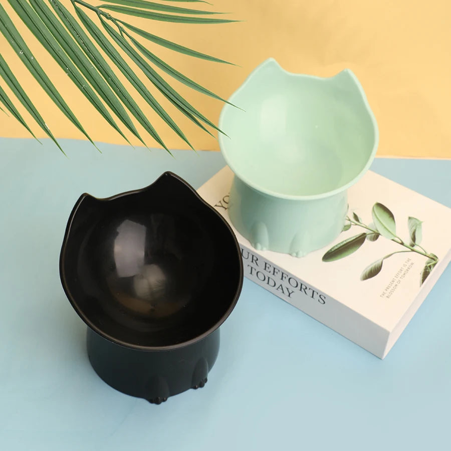 Elevated Cat Bowl – Anti-Tip Tilted Raised Feeding Dish with Neck Protection | Plastic, 5 Colors (Black/Pink/Green/Gray/Blue)