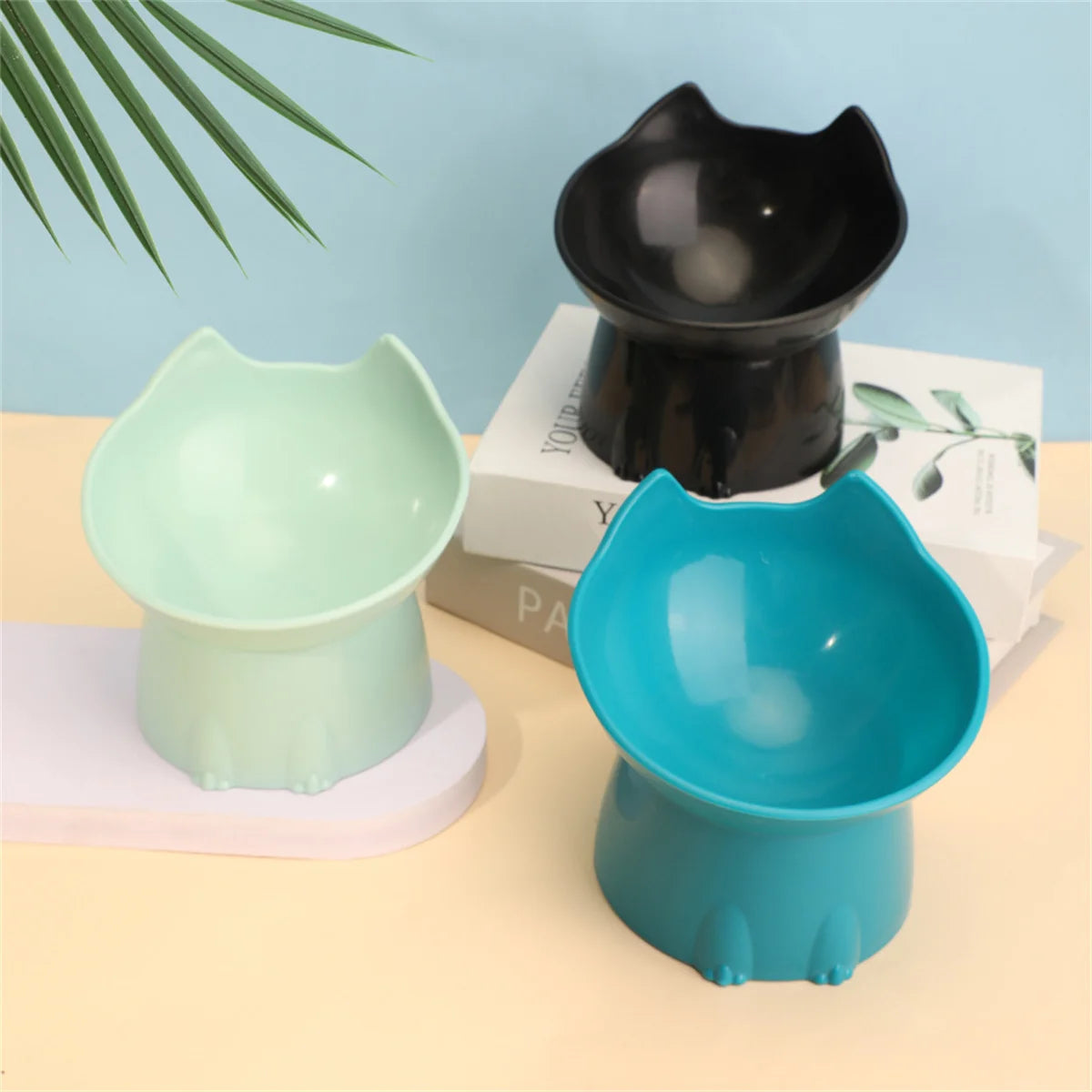 Elevated Cat Bowl – Anti-Tip Tilted Raised Feeding Dish with Neck Protection | Plastic, 5 Colors (Black/Pink/Green/Gray/Blue)