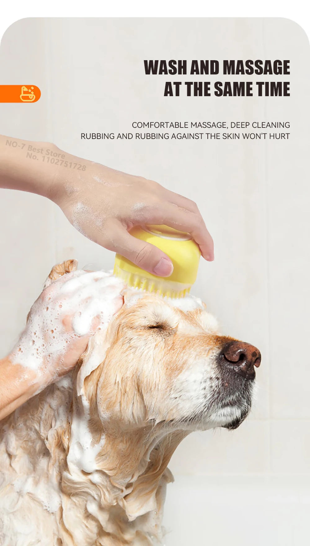 Brosse de bain pour animaux de compagnie avec distributeur de shampooing – Masseur doux en silicone pour chiens et chats | 7,5 × 7 × 5 cm, bleu/rose/jaune
