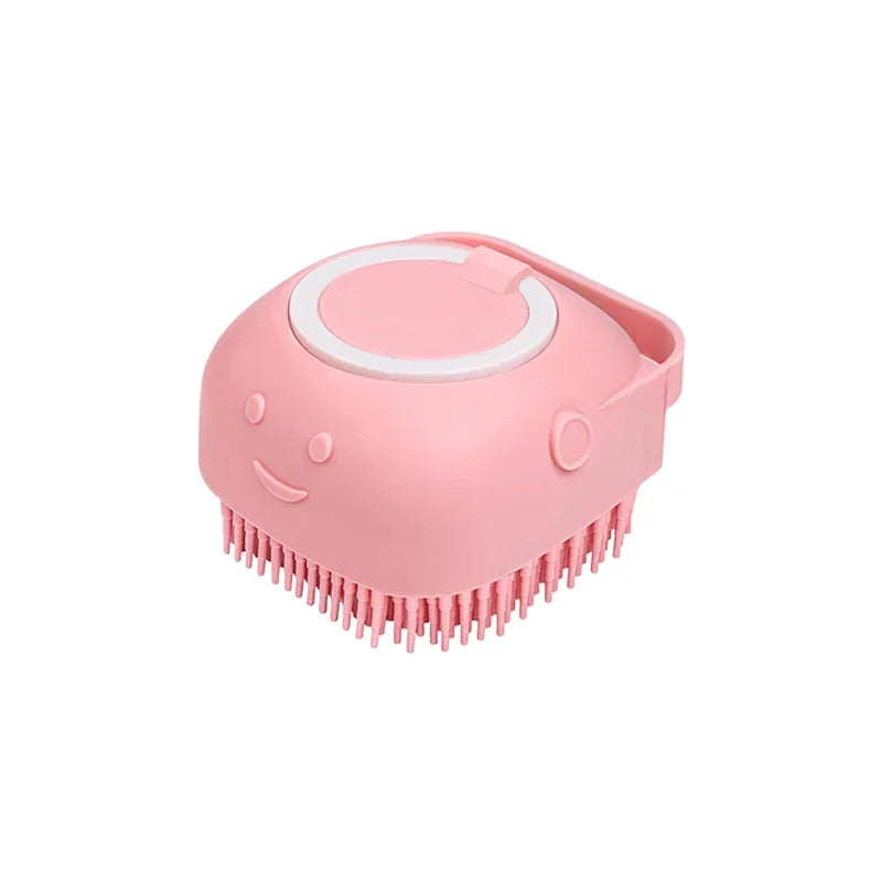 Brosse de bain pour animaux de compagnie avec distributeur de shampooing – Masseur doux en silicone pour chiens et chats | 7,5 × 7 × 5 cm, bleu/rose/jaune