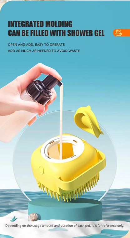 Brosse de bain pour animaux de compagnie avec distributeur de shampooing – Masseur doux en silicone pour chiens et chats | 7,5 × 7 × 5 cm, bleu/rose/jaune