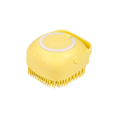 Brosse de bain pour animaux de compagnie avec distributeur de shampooing – Masseur doux en silicone pour chiens et chats | 7,5 × 7 × 5 cm, bleu/rose/jaune