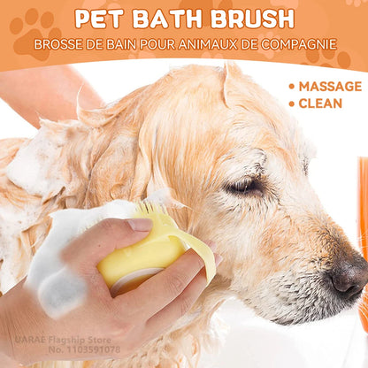 Brosse de bain pour animaux de compagnie avec distributeur de shampooing – Masseur doux en silicone pour chiens et chats | 7,5 × 7 × 5 cm, bleu/rose/jaune