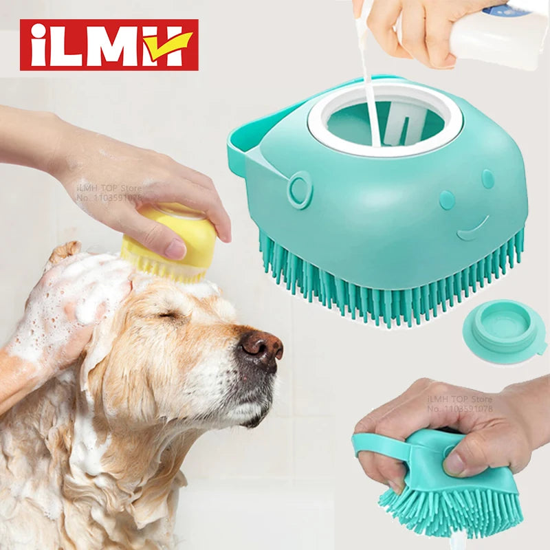 Brosse de bain pour animaux de compagnie avec distributeur de shampooing – Masseur doux en silicone pour chiens et chats | 7,5 × 7 × 5 cm, bleu/rose/jaune