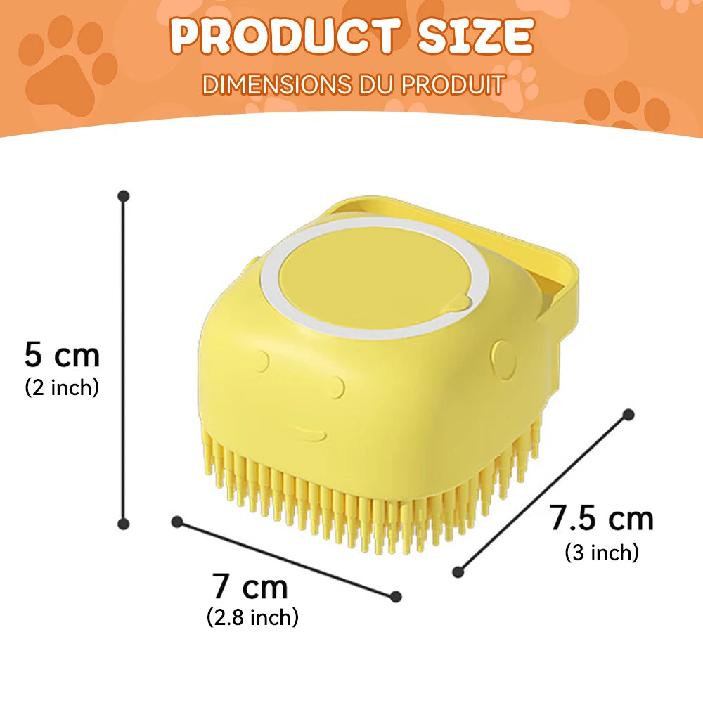 Brosse de bain pour animaux de compagnie avec distributeur de shampooing – Masseur doux en silicone pour chiens et chats | 7,5 × 7 × 5 cm, bleu/rose/jaune