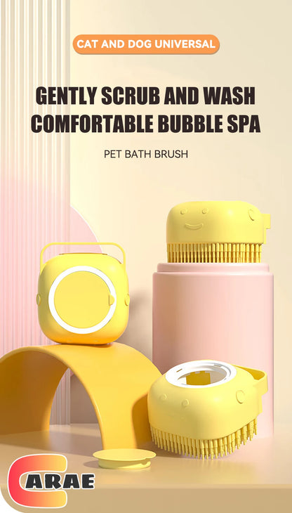Brosse de bain pour animaux de compagnie avec distributeur de shampooing – Masseur doux en silicone pour chiens et chats | 7,5 × 7 × 5 cm, bleu/rose/jaune