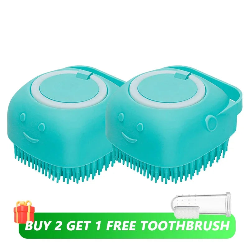 Brosse de bain pour animaux de compagnie avec distributeur de shampooing – Masseur doux en silicone pour chiens et chats | 7,5 × 7 × 5 cm, bleu/rose/jaune