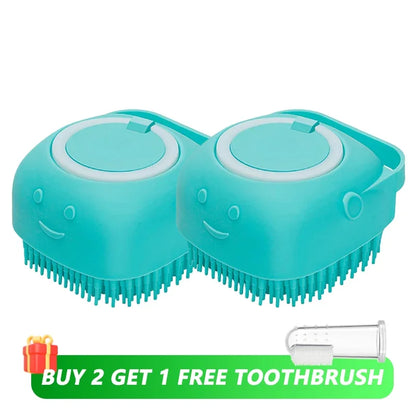 Brosse de bain pour animaux de compagnie avec distributeur de shampooing – Masseur doux en silicone pour chiens et chats | 7,5 × 7 × 5 cm, bleu/rose/jaune