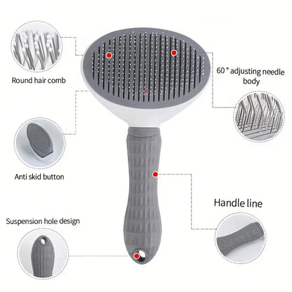 One-Click Self-Cleaning Pet Slicker Brush – Auto Hair Removal Grooming Comb for Dogs & Cats | Fine-Needle, Pink/Blue/Gray