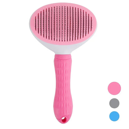 One-Click Self-Cleaning Pet Slicker Brush – Auto Hair Removal Grooming Comb for Dogs & Cats | Fine-Needle, Pink/Blue/Gray
