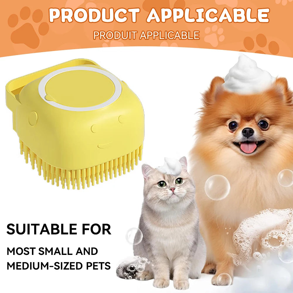 Brosse de bain pour animaux de compagnie avec distributeur de shampooing – Masseur doux en silicone pour chiens et chats | 7,5 × 7 × 5 cm, bleu/rose/jaune