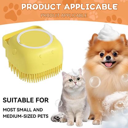 Brosse de bain pour animaux de compagnie avec distributeur de shampooing – Masseur doux en silicone pour chiens et chats | 7,5 × 7 × 5 cm, bleu/rose/jaune