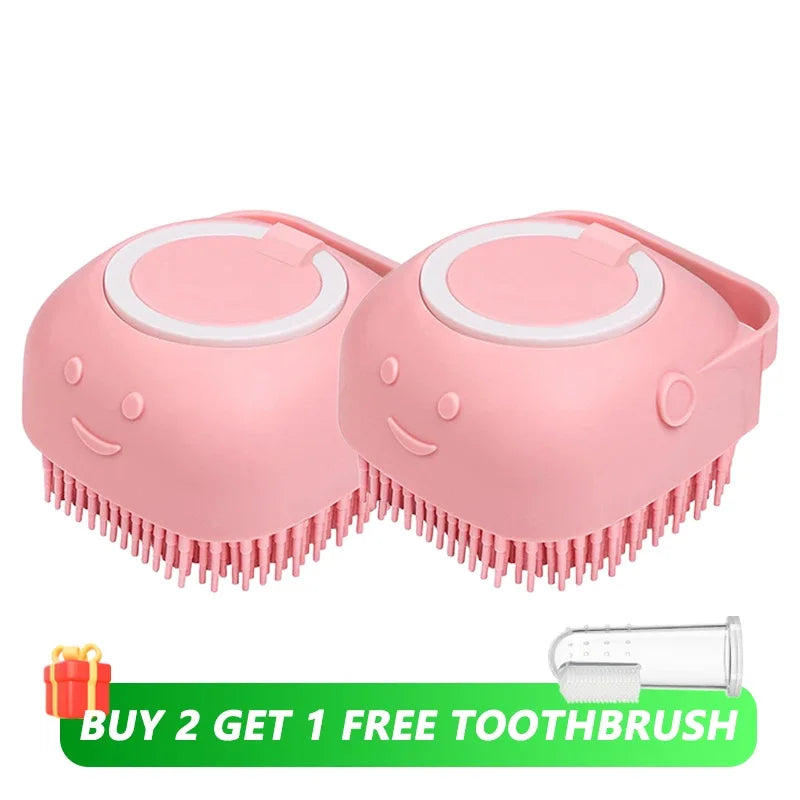 Brosse de bain pour animaux de compagnie avec distributeur de shampooing – Masseur doux en silicone pour chiens et chats | 7,5 × 7 × 5 cm, bleu/rose/jaune