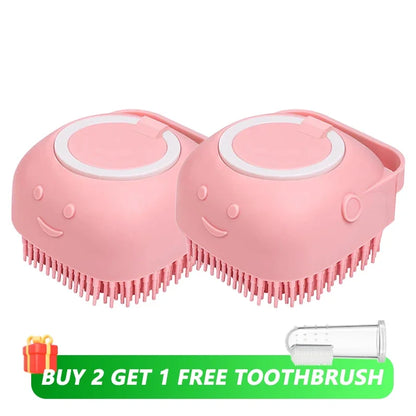 Brosse de bain pour animaux de compagnie avec distributeur de shampooing – Masseur doux en silicone pour chiens et chats | 7,5 × 7 × 5 cm, bleu/rose/jaune