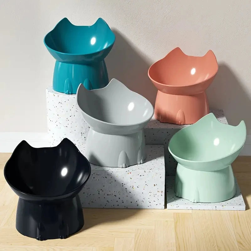 Elevated Cat Bowl – Anti-Tip Tilted Raised Feeding Dish with Neck Protection | Plastic, 5 Colors (Black/Pink/Green/Gray/Blue)