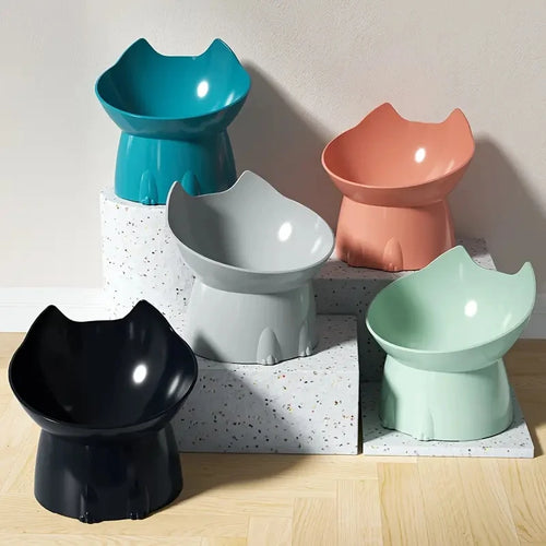 Elevated Cat Bowl – Anti-Tip Tilted Raised Feeding Dish with Neck Protection | Plastic, 5 Colors (Black/Pink/Green/Gray/Blue)